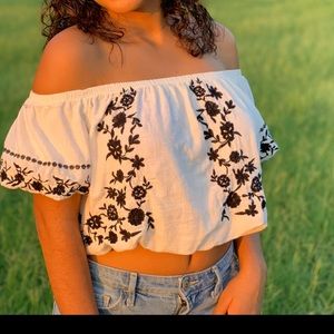 White and black floral embroidery shirt